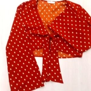 TCEC Retro Rust colored white polka dot tie mid drift blouse